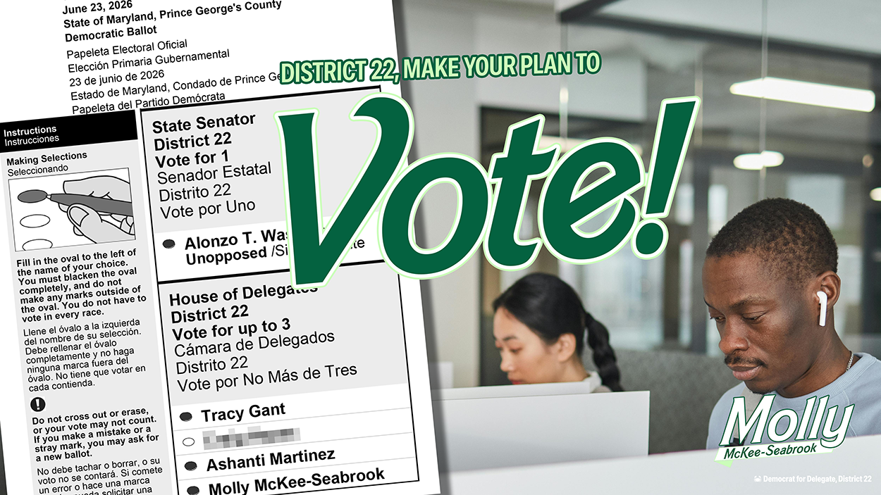 Header with text "District 22, make your plan to vote!" and a sample ballot, as well as a Black man and an asian woman voting at a voting booth