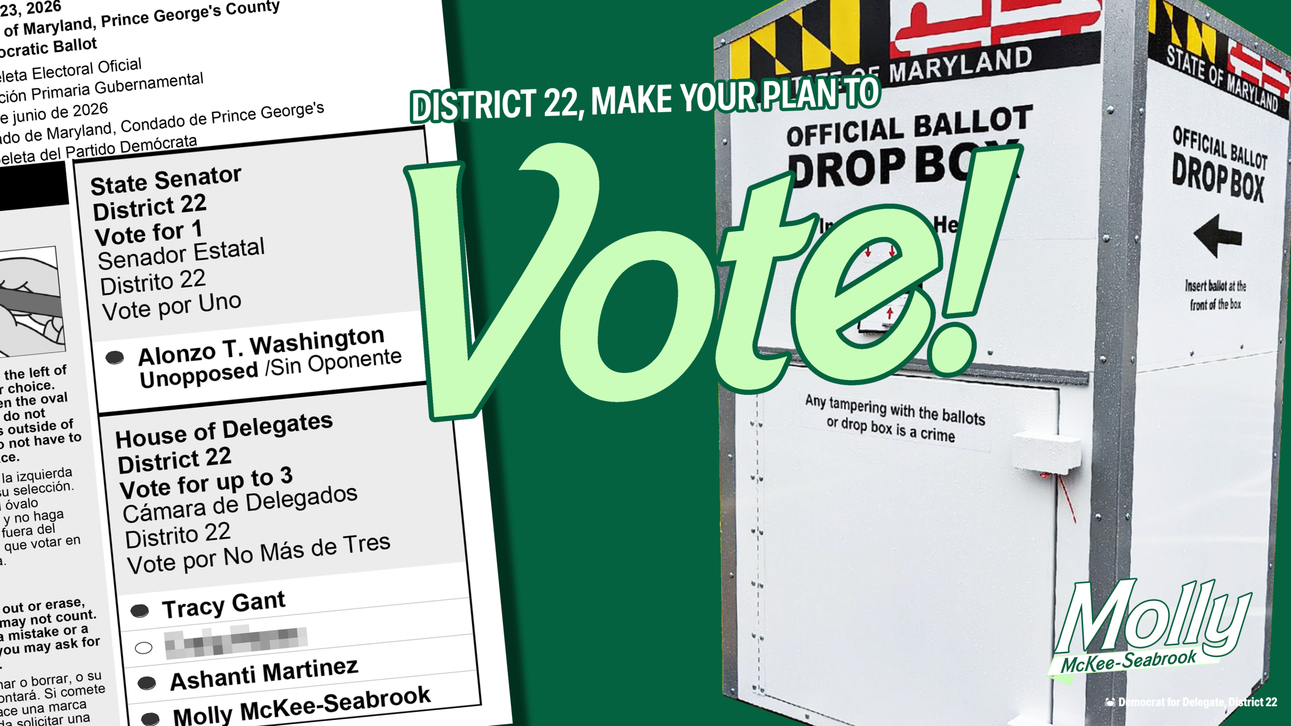voting ballot drop box with sample ballot and text "District 22, make your plan to vote!"
